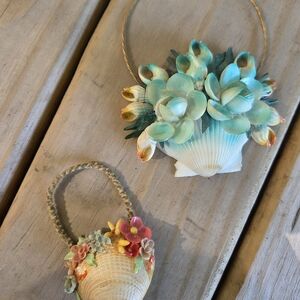 Pair Of Handcrafted Seashell Wall Art with Floral Accents